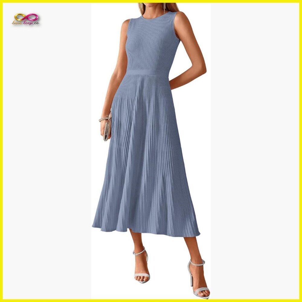 Sleeveless Pleated Midi Dress Elegant A-Line Business Casual Formal Sweater